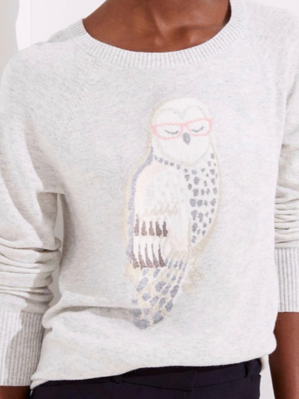 LOFT Light Gray Crewneck Sweater Sz Medium - Owl w Glasses